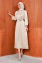Beige Rose Belt Detailed Balloon Sleeve Satin Evening Dress - 4