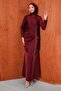 Burgundy Satin Evening Dress with Draped Front and Stones - 3