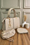 3-Piece Women's Beige/Cream Color Set (5-Section Shoulder and Arm Bag + 3-Section Handbag + 2-Section Makeup Bag)