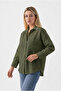 Women's Khaki Basic Oversize Linen Pocket Long Sleeve School Plus Size Shirt - 3