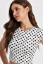 Women's Slim Fit Polka Dot Crew Neck White Crop Blouse - 3