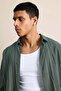 Men's Oversize Striped Linen Long Sleeve Shirt Khaki - 4