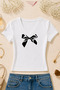 Women's Black Bow Printed Basic Daily Use V-Neck Slim Fit T-Shirt