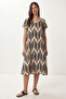 Patterned Draped Summer Viscose Dress Lrn0040 Ecru Black
