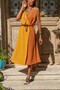 Women's Tile Mustard Double-Breasted Waist Gathered, Front and Back Deep Slit Long Dress 2922 - 6