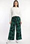 Women's Black Green Abstract Patterned Atlas Wide Leg Pants - 2