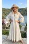 Women's Beige Button Detailed Lapel Collar Tasseled Long Linen Dress - 2