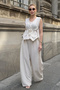 Women's Beige Strappy Shirt with Rope Detail on the Sides, 100% Linen Set