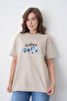 Women's Mediterranean Style Starfish and Dolphin Printed Round Neck Beige T-Shirt