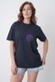 Women's Love One Another Written Purple Flower Bunch Printed Round Neck Navy Blue T-Shirt - 3