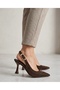 Women's Brown Suede Pointed Toe Patent Leather Ankle Strap Classic Heeled Shoes - 3