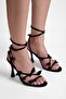 Women's Satin Heeled Shoes with Leaf Detail, Ankle Strap, Thin Straps, Leifa Black - 2
