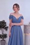 Women's Off-Shoulder Double-Breasted Strap Ring Detailed Flared Long Evening Dress Lilac, Black, Indigo, White - 3