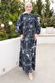 Navy Blue Half Buttoned Viscose Dress with Elastic Sleeves - 3