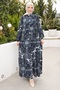 Navy Blue Half Buttoned Viscose Dress with Elastic Sleeves