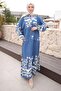 Blue Half Buttoned Viscose Dress with Elastic Sleeves - 4