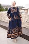 Navy Blue Mink Half-Buttoned Viscose Dress with Elastic Sleeves - 4