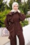 Brown Flounce Waist Tie Tunic and Trousers Set - 4