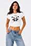 Women's Baby Tee Crop T-Shirt Cute Panda Printed Slim Fit 100% Cotton Trend White
