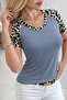 Women's Short Sleeve Round Neck Viscose Blouse with Stripe Detail on the Sleeves and Leopard Print - 2