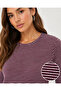 Textured Striped Long Sleeve T-Shirt Oval Cut Basic Comfortable Fit Blouse - Burgundy