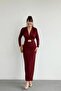 Women's Burgundy Padded Look Belted Draped Long Dress