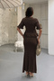 Women's Brown Flywheel Detailed V-Neck Blouse Midi Skirt Bottom Top Double Summer Fabric Knitwear Set (Size S) - 3