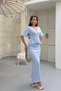 Women's Summer Blue Flywheel Detailed V-Neck Blouse Midi Skirt Bottom Top Double Summer Fabric Knitwear Set (Size S - 5
