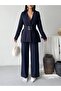 Women's Pleated Detailed Double Belted Blazer Jacket Pants Double Suit - 7