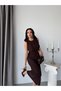 Brown Drawstring Detailed Midi Dress with Accessories - 4