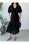 Black Half Sleeve V-Neck Midi Dress - 6