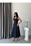 Navy Blue Strappy Cross Belted Denim Midi Dress - 2