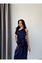 Navy Blue One-Shoulder Satin Midi Dress with Tie Detail - 4