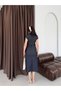 Navy Blue Buttoned Front Draped Midi Dress - 7