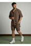 Men's Jacquard 100% Cotton Textured Shirt Shorts Set Brown 3016Dngr