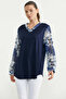 Plus Size Chiffon Combination V-Neck Blouse - Navy Blue - 2