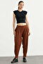 Linen Look Trousers with Cuff Detail - Brown