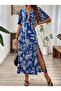 Women's Short Sleeve V-Neck Dress with Elastic Waist Slit Long Leopard Printed Piece Single Jersey Dress