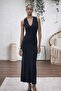 Women's Sleeveless V-Neck Long Knit Dress - 3
