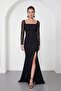 Women's Black Square Neck Lace Long Fishtail Evening Dress