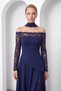 Women's Navy Blue Slim Fit Boat Neck Lace Detail Long Evening Dress - 4