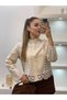 Women's Beige Ethnic Scallop Lace Design Motif Cotton Linen Pinterest Bohemian Shirt Blouse - 2