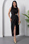 Oval Neckline Waist Buckle Satin Dress Grs3940 - 4
