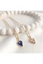 Stainless Steel Double Heart Necklace Set Sapphire Blue and Gold Glitter Non-Tarnish Women's Jewelry Combination