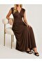 Elegant V-Neck Brown Maxi Dress with Ruffle Detail - 2