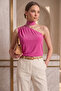Women's Fuchsia Pink One-Shoulder Blouse with Floral Detail and Gathered Sandy Fabric - 3