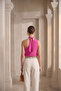 Women's Fuchsia Pink One-Shoulder Blouse with Floral Detail and Gathered Sandy Fabric - 7
