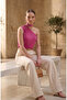 Women's Fuchsia Pink One-Shoulder Blouse with Floral Detail and Gathered Sandy Fabric - 4