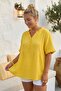 Yellow V-Neck Short-Sleeved Buttoned Collar and Cuff Ruffles Casual Muslin Oversized Woven Blouse 77 70 - 3