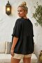 Black V-Neck Short-Sleeved Buttoned Collar and Cuff Ruffles Casual Muslin Oversized Woven Blouse 77 70 - 6